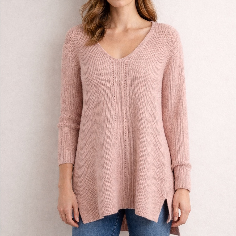 NWT Liz Claiborne Pointelle V Neck Sweater in Rose Quartz Metal Extra Large
